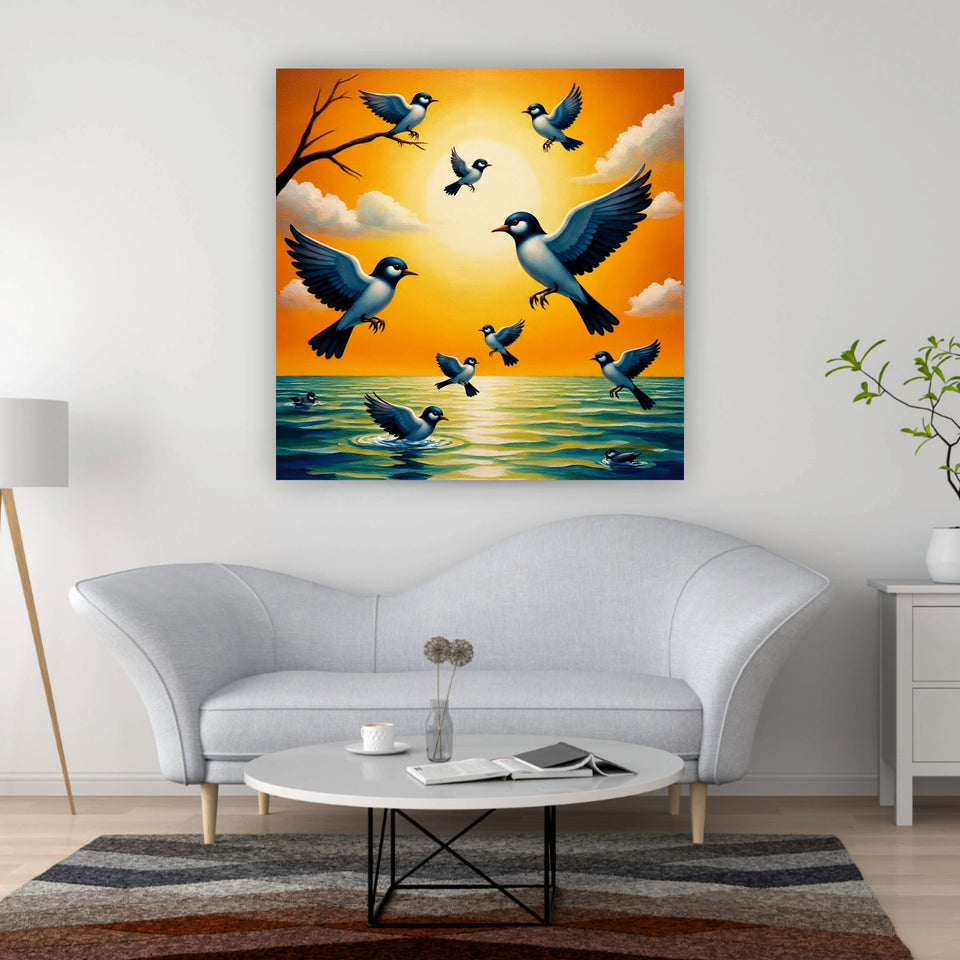 Wings of Dawn — Birds Awakening in Golden Light Canvas Wall Art Stretched Frame Painting