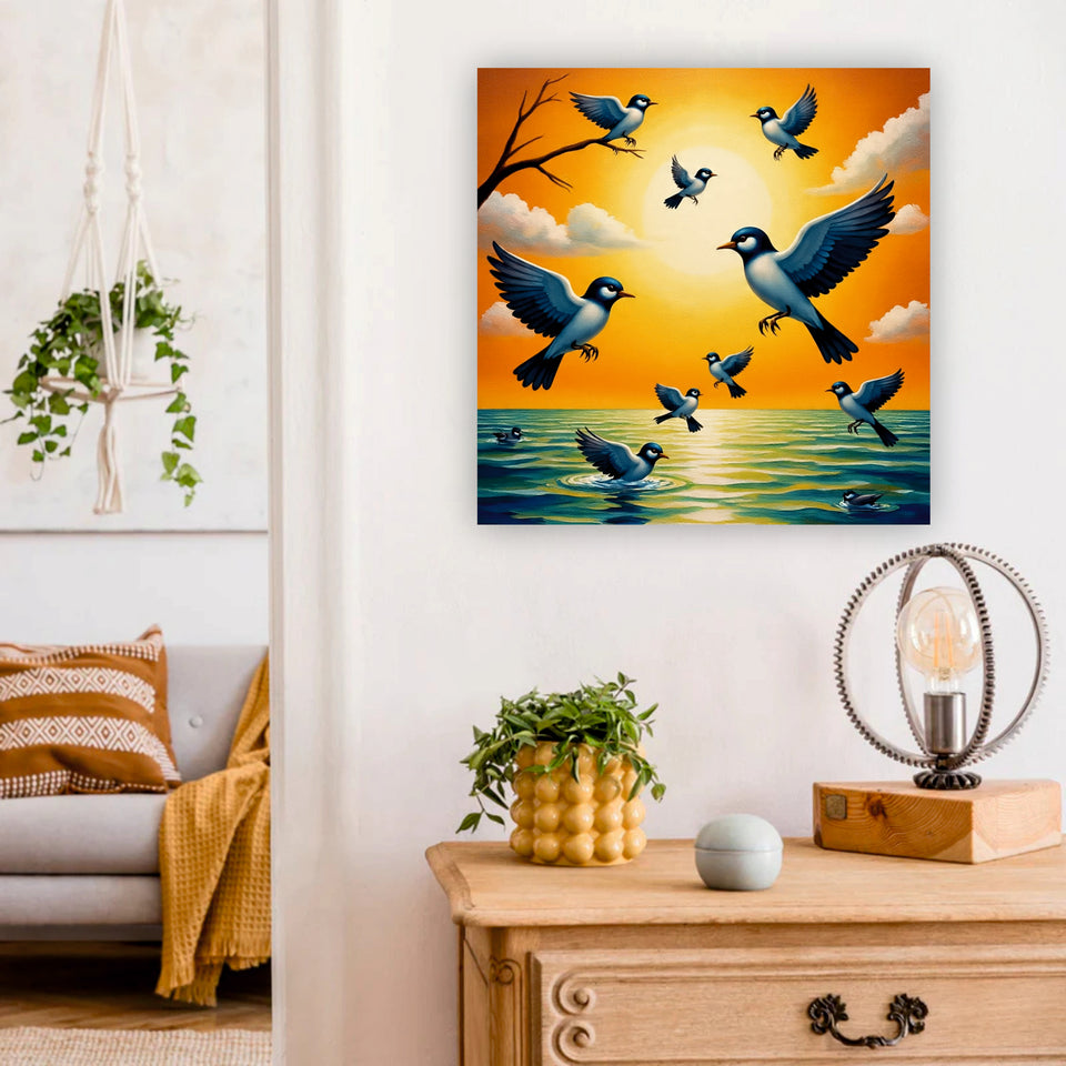 Wings of Dawn — Birds Awakening in Golden Light Canvas Wall Art Stretched Frame Painting