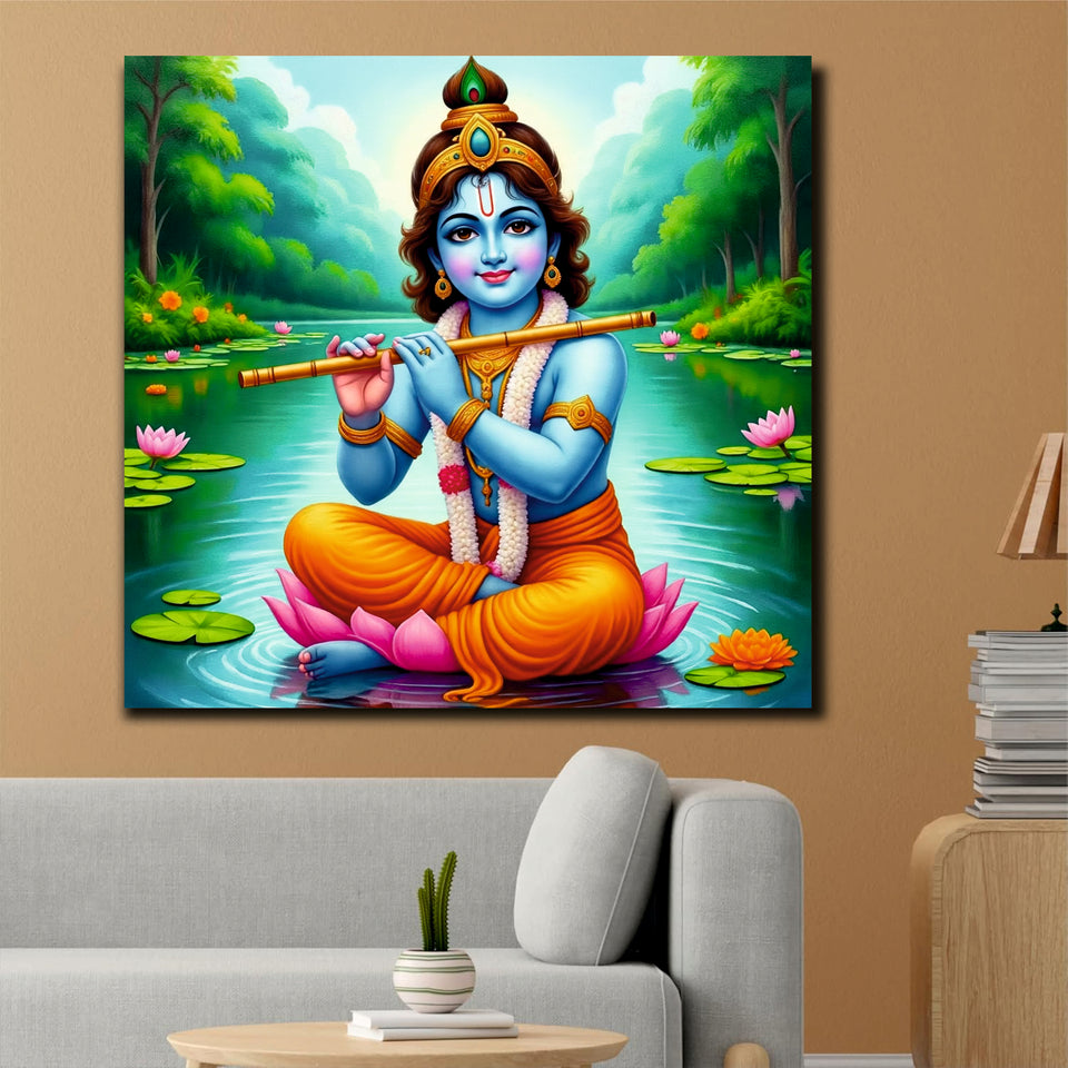 Krishna’s Blissful Flute Cnavas Wall Art Stretched Frame Painting