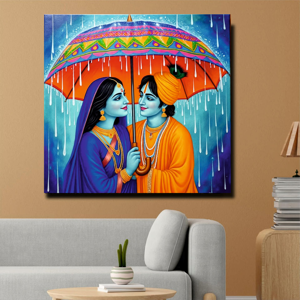Radha Krishna in Rain – Eternal Love Canvas Wall Art Stretched Frame Painting