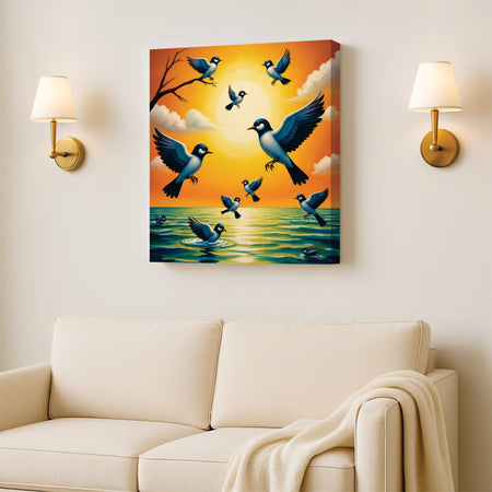 Wings of Dawn — Birds Awakening in Golden Light Canvas Wall Art Stretched Frame Painting