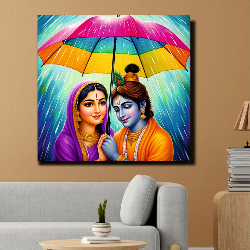 Love in the Rain – Radha Krishna Canvas Art  Canvas Wall Art Stretched Frame Painting