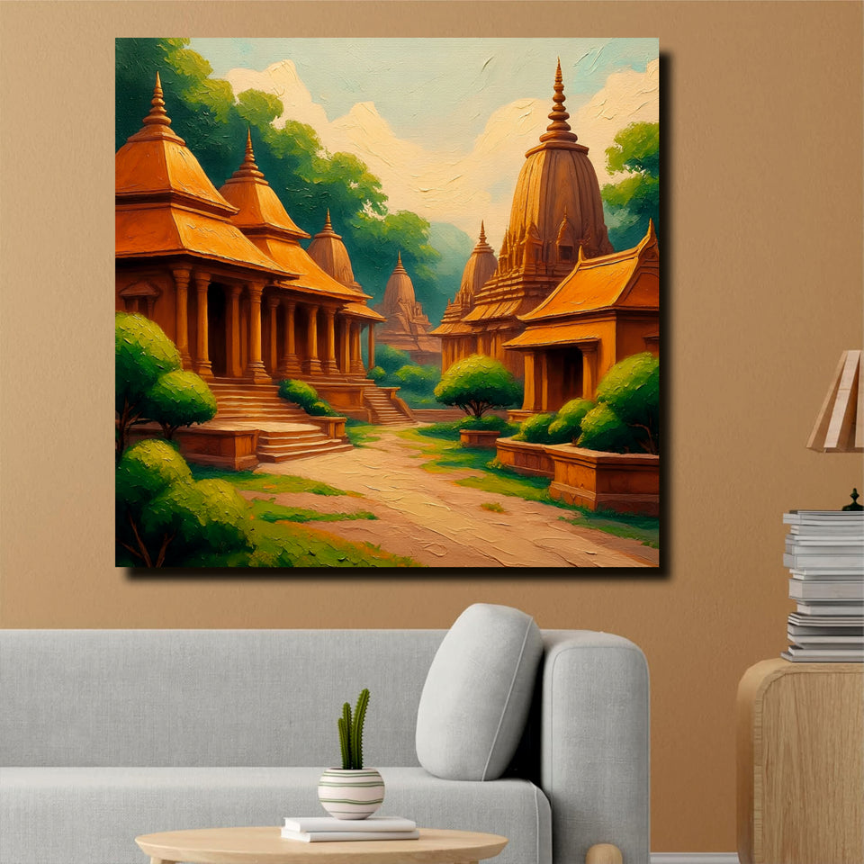 Temple & Terrain Canvas Wall Art Stretched Frame Painting