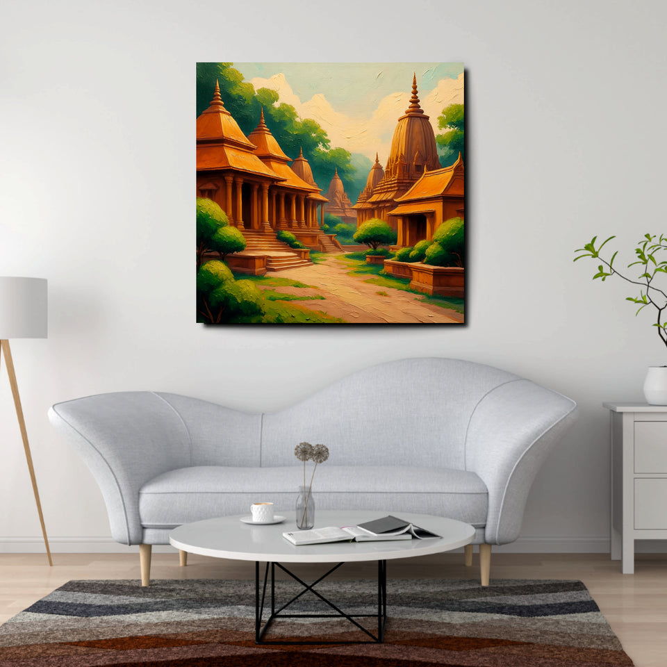 Temple & Terrain Canvas Wall Art Stretched Frame Painting