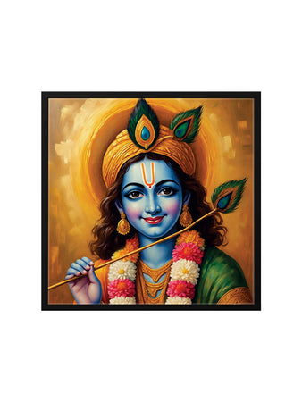 Shri Krishna Digital Canvas Black Frame Painting – Vibrant Devotional Wall Décor