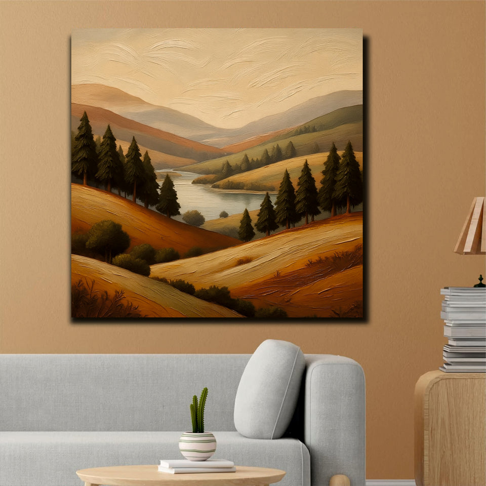 Modern Mountain View Canvas Wall Art Stretched Frame – Vibrant Nature Painting