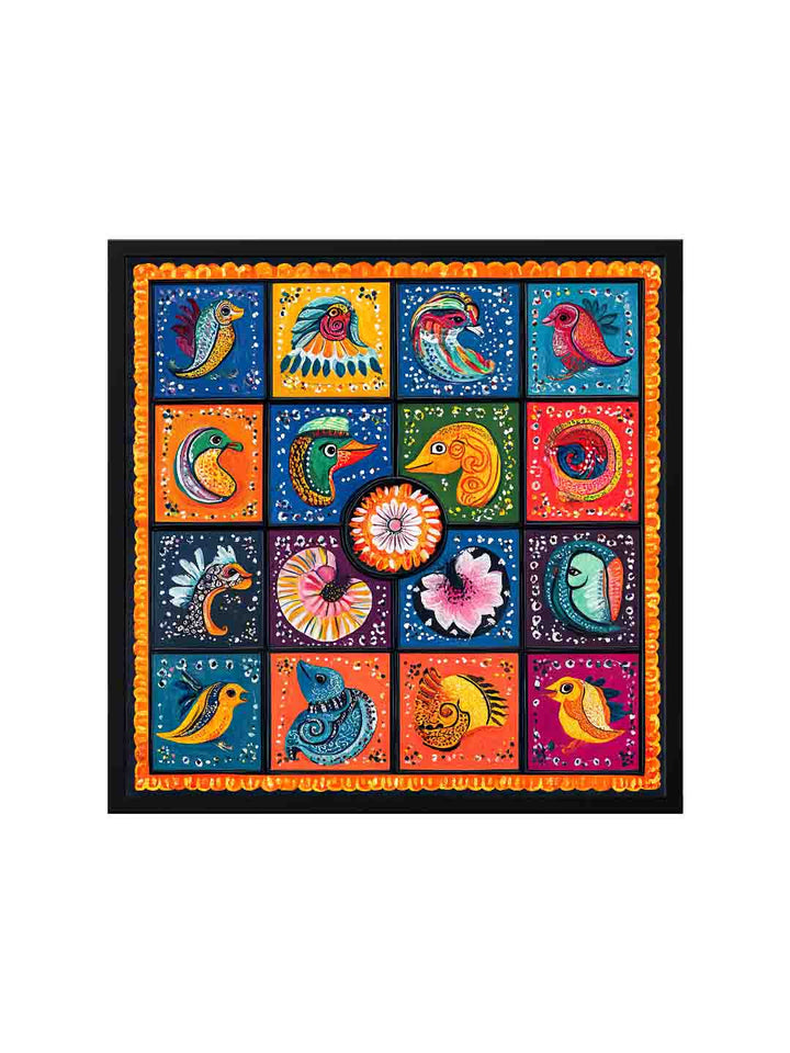 Vibrant Folk Art – Multicolor Abstract Canvas Wall Art Black Painting