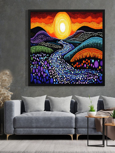 Radiant Dawn – Artistic River and Sun Canvas Wall Art Black Frame Painting