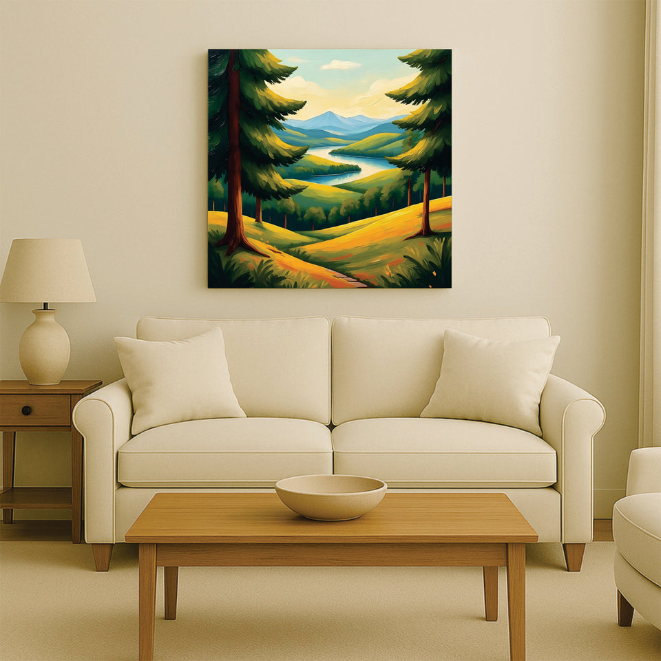 A landscape kissed by golden light Canvas Wall Art Stretched Frame Painting
