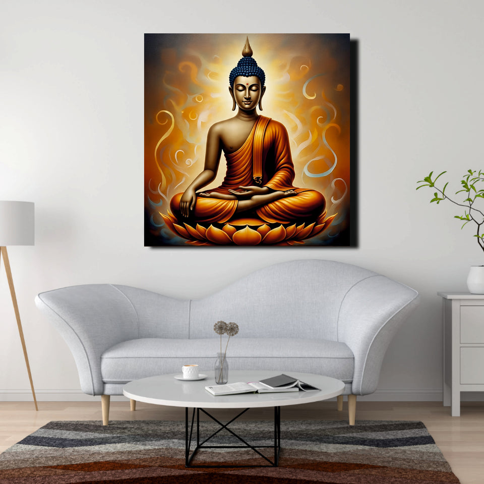 Saffron Serenity Amidst Celestial Blue Canvas Wall Art Stretched Frame Painting