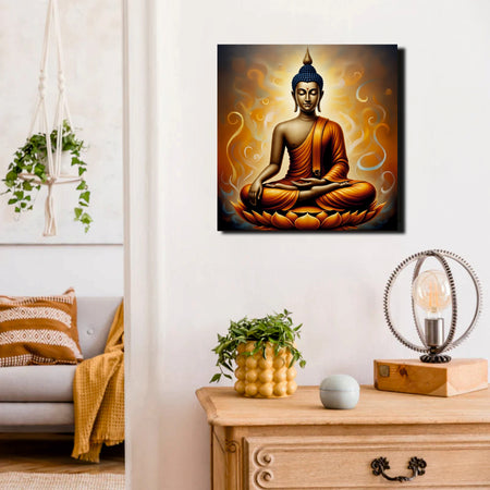 Saffron Serenity Amidst Celestial Blue Canvas Wall Art Stretched Frame Painting