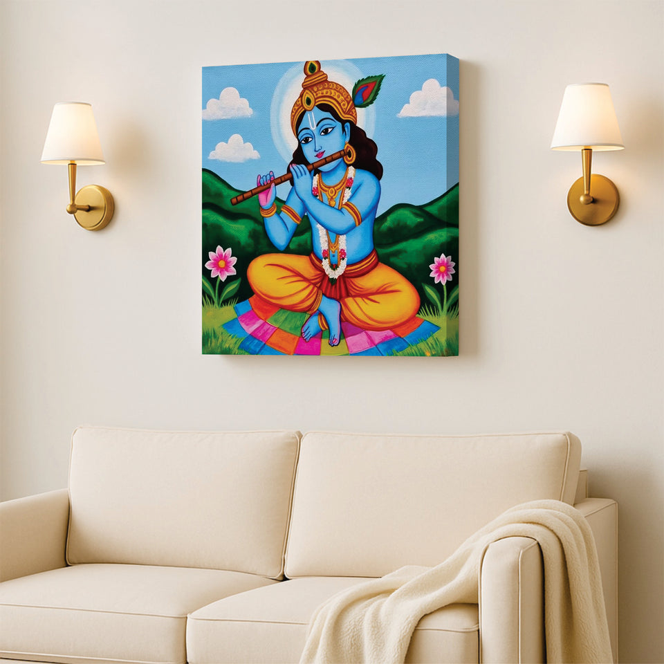 Krishna With Flute Canvas Wall Art Stretched Frame – Divine Spiritual Painting