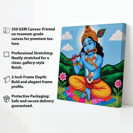 Krishna With Flute Canvas Wall Art Stretched Frame – Divine Spiritual Painting