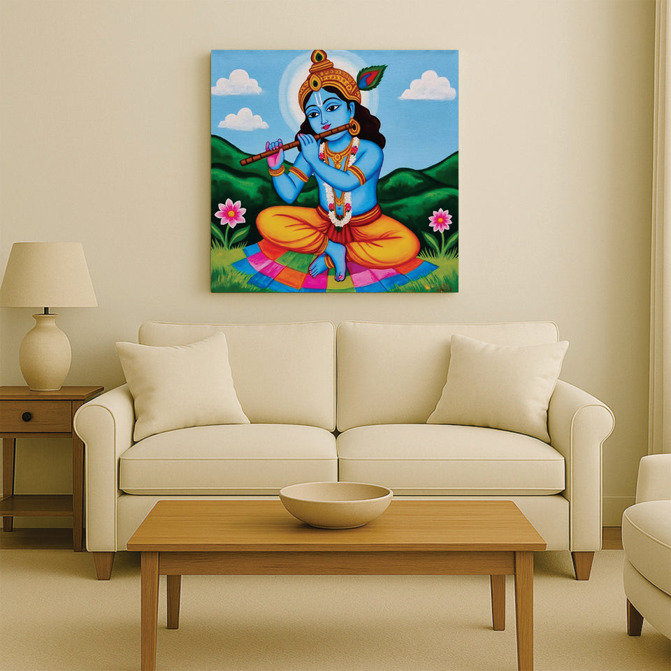Krishna With Flute Canvas Wall Art Stretched Frame – Divine Spiritual Painting