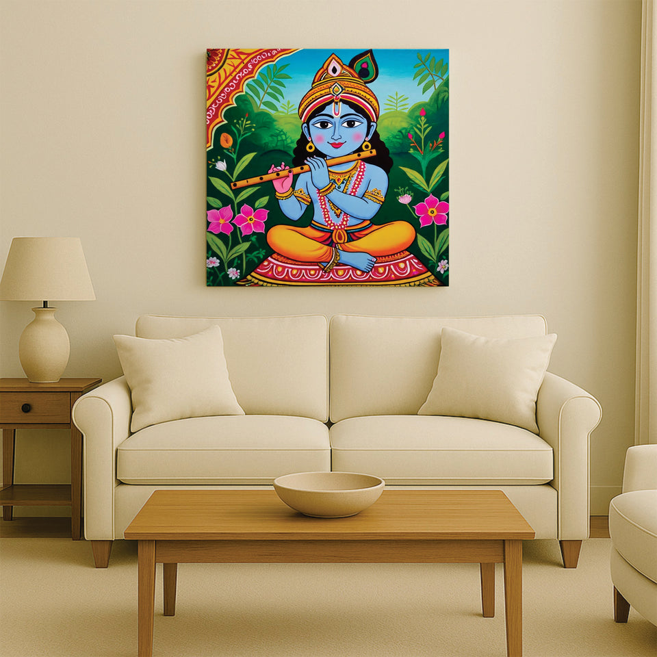 Divine Melody – Krishna’s Blissful Flute Wall Art Cnavas Wall Art Stretched Frame Painting