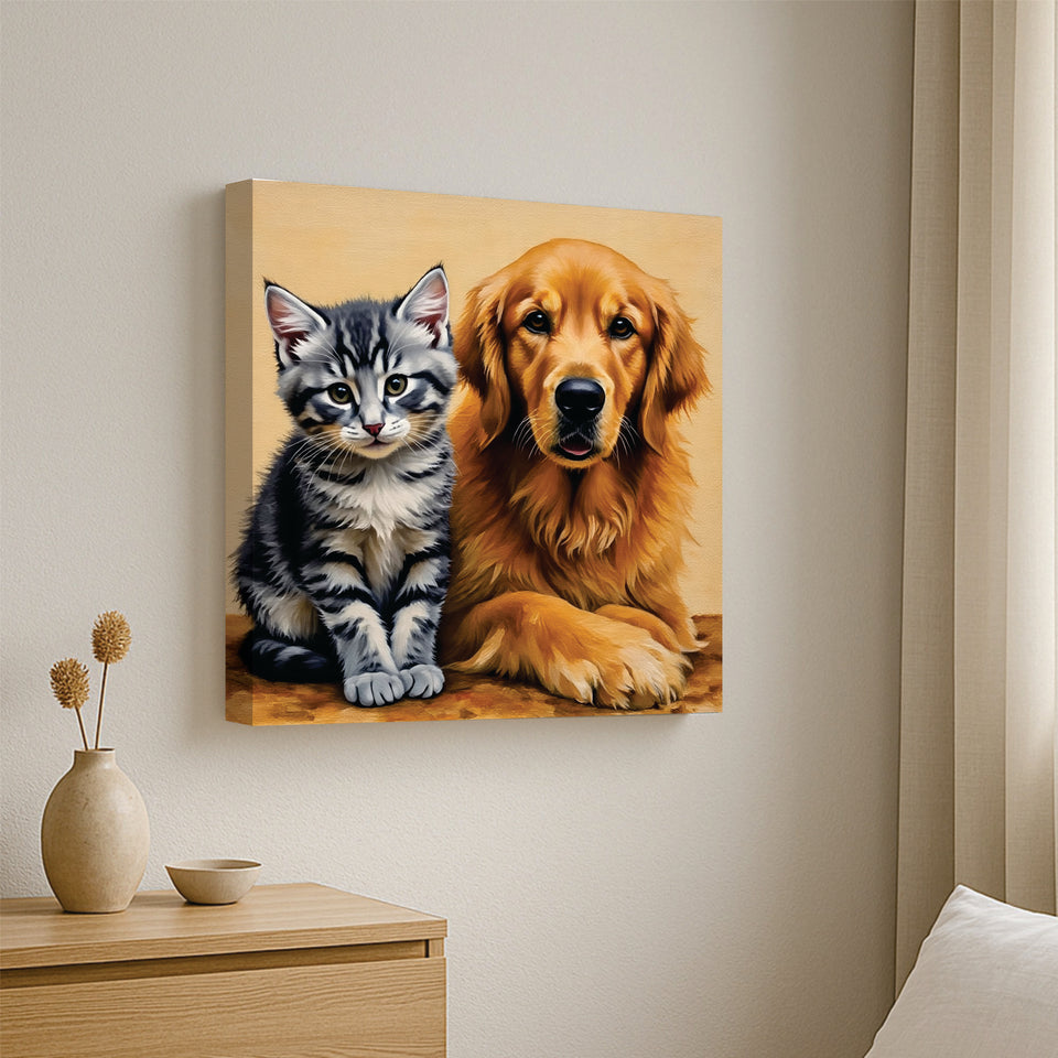 Best Friends Forever – Dog & Cat Duo Canvas  Wall Art Stretched Frame Painting