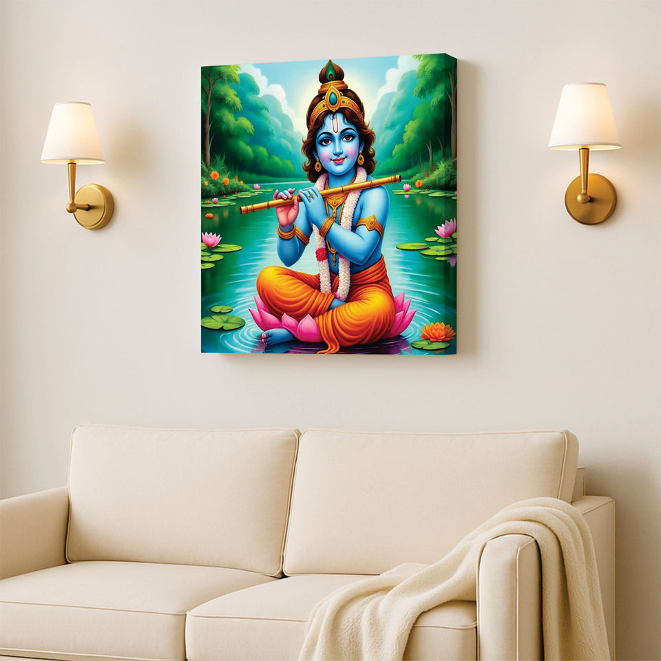 Krishna’s Blissful Flute Cnavas Wall Art Stretched Frame Painting