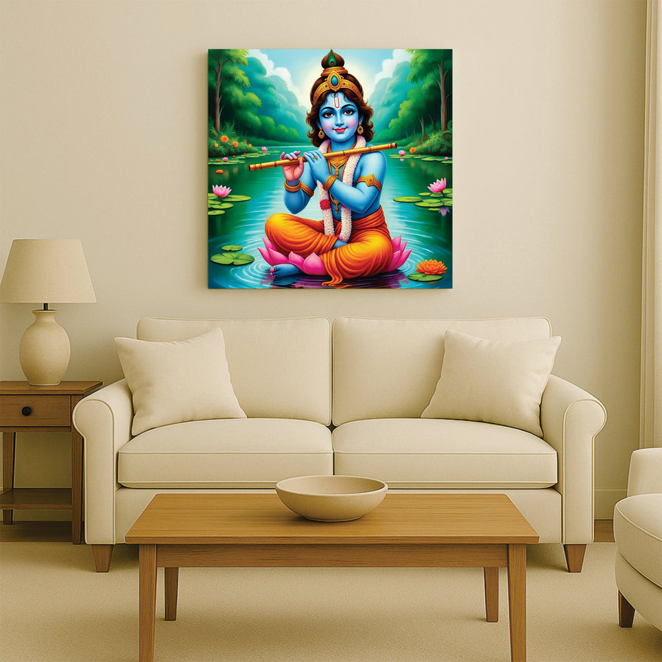 Krishna’s Blissful Flute Cnavas Wall Art Stretched Frame Painting
