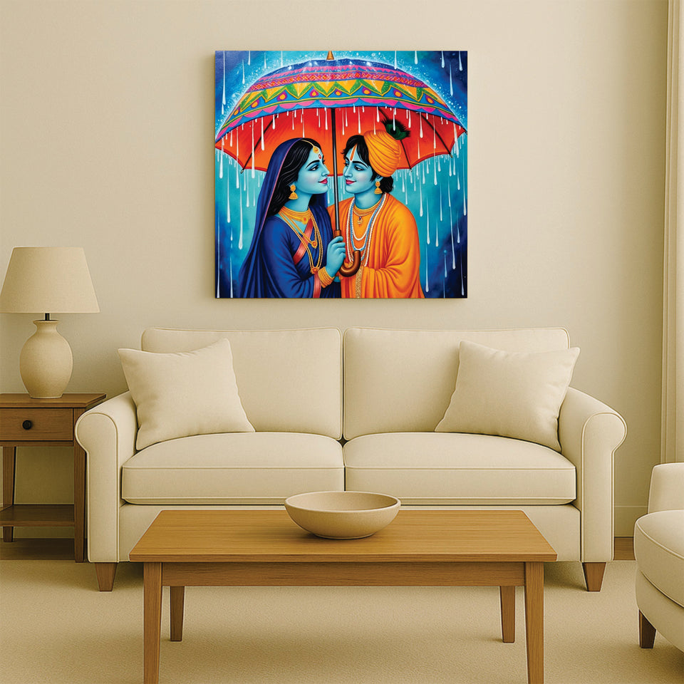 Radha Krishna in Rain – Eternal Love Canvas Wall Art Stretched Frame Painting