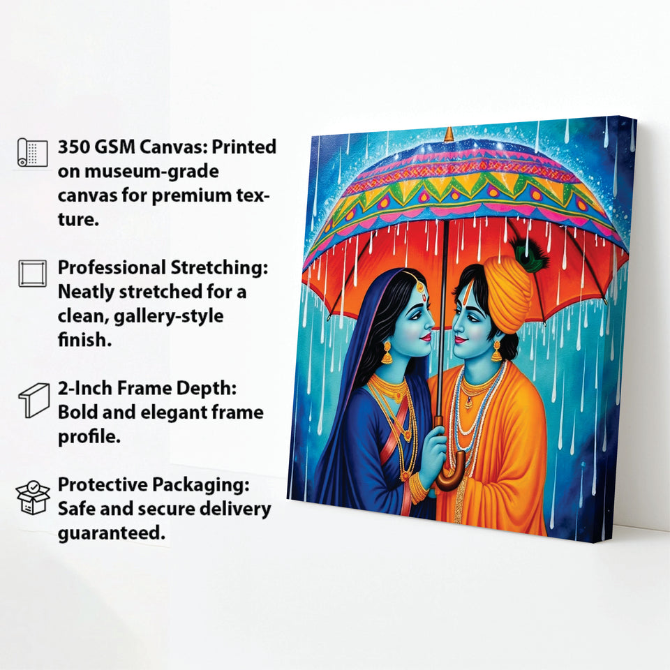 Radha Krishna in Rain – Eternal Love Canvas Wall Art Stretched Frame Painting