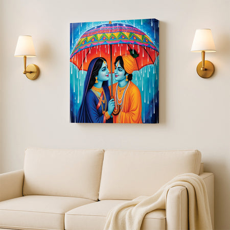 Radha Krishna in Rain – Eternal Love Canvas Wall Art Stretched Frame Painting