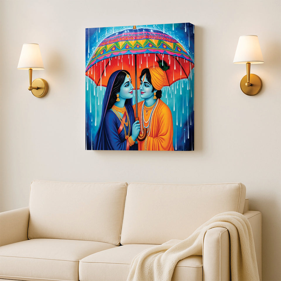 Radha Krishna in Rain – Eternal Love Canvas Wall Art Stretched Frame Painting