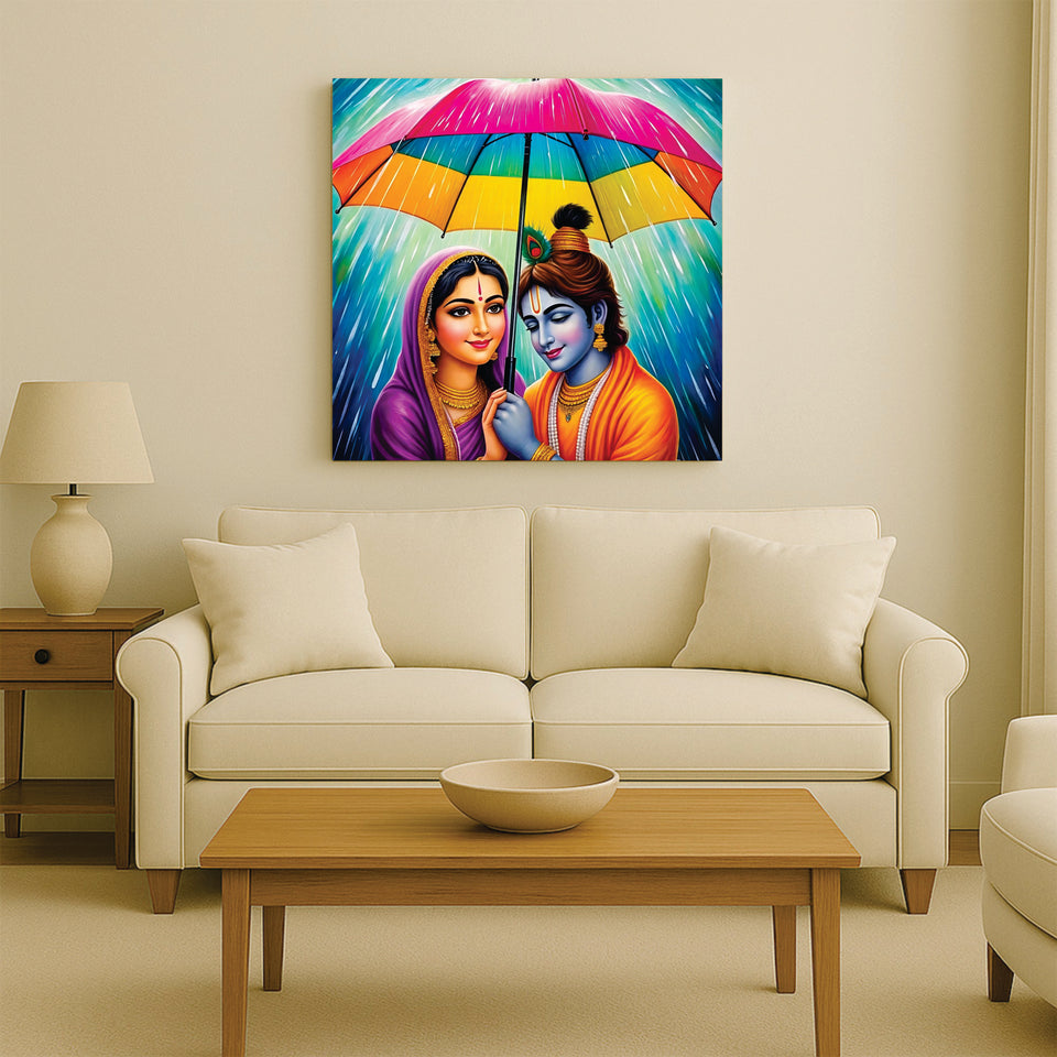Love in the Rain – Radha Krishna Canvas Art  Canvas Wall Art Stretched Frame Painting