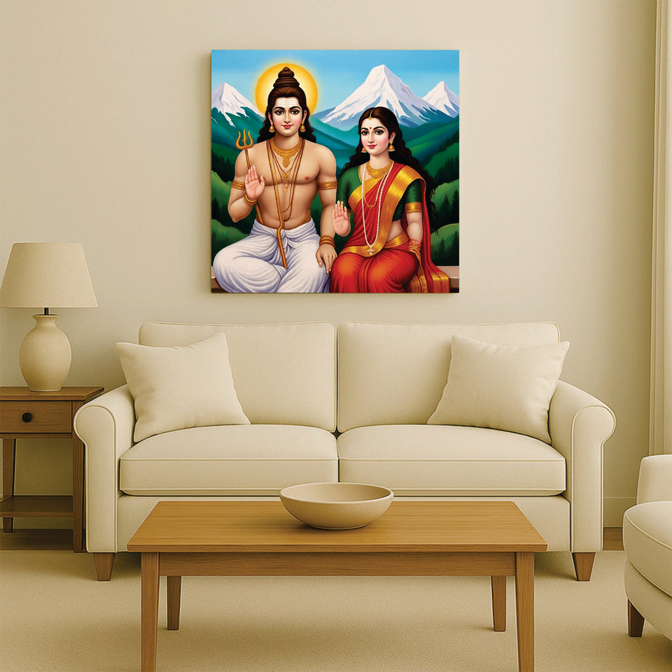 Divine Couple – Shiva Parvati Canvas Wall Art Stretched Frame Painting