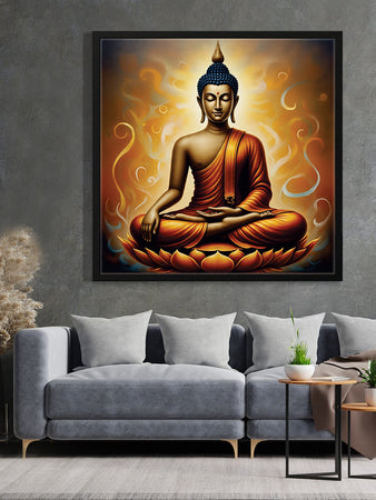 Saffron Serenity Amidst Celestial Blue Canvas Wall Art Black Frame Painting