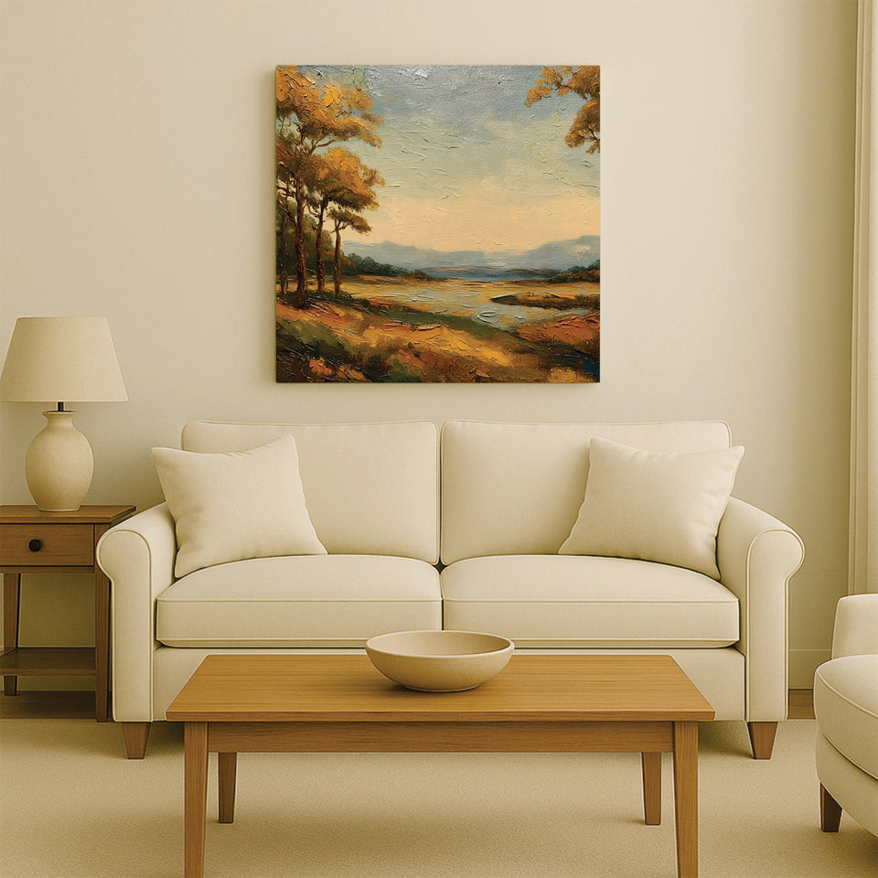 Sunrise Over Hills Canvas Stretched Frame Painting – Scenic Landscape Wall Art