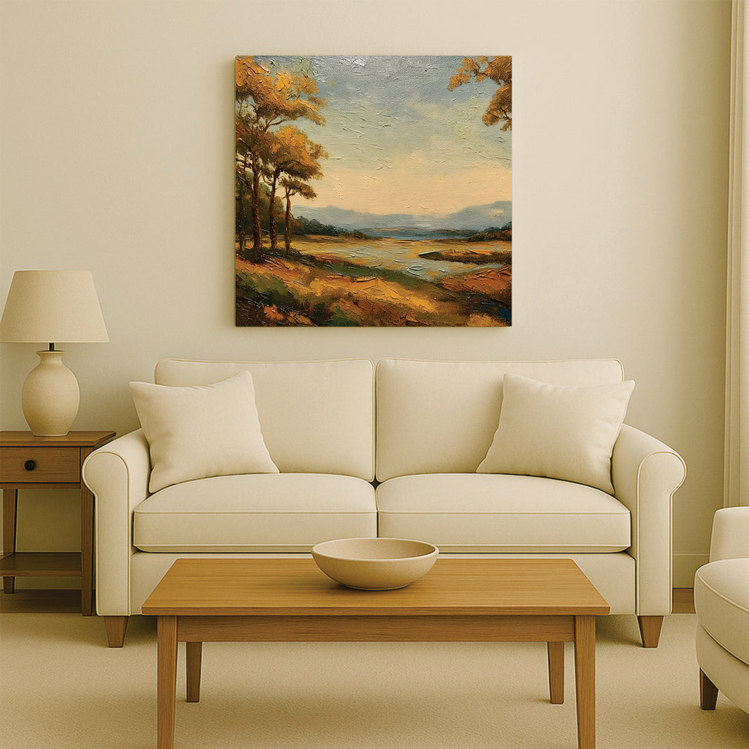 Sunrise Over Hills Canvas Stretched Frame Painting – Scenic Landscape Wall Art