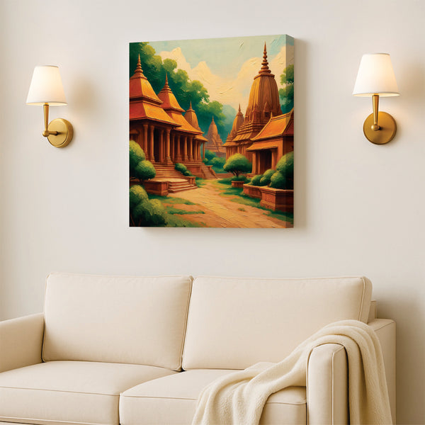 Temple & Terrain Canvas Wall Art Stretched Frame Painting