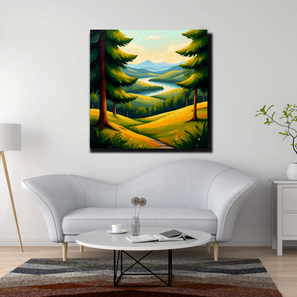 A landscape kissed by golden light Canvas Wall Art Stretched Frame Painting