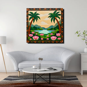 Tropical Lotus Lake Canvas Wall Art Stretched Frame – Digital Painting