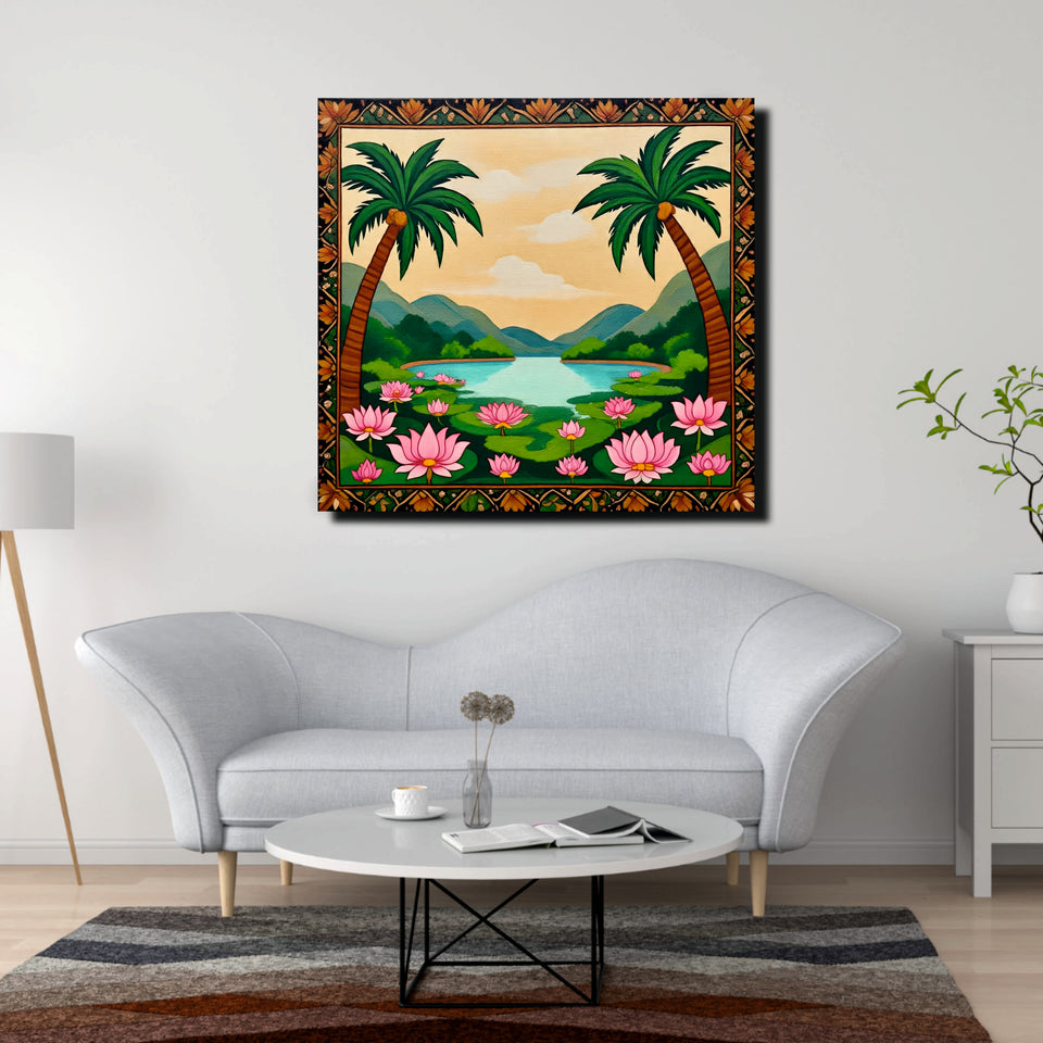 Tropical Lotus Lake Canvas Wall Art Stretched Frame – Digital Painting