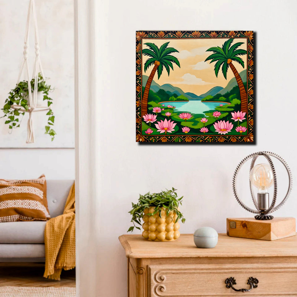 Tropical Lotus Lake Canvas Wall Art Stretched Frame – Digital Painting