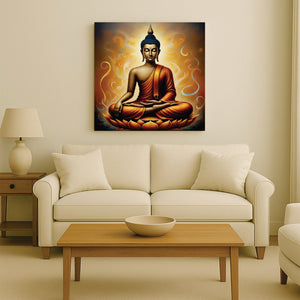 Saffron Serenity Amidst Celestial Blue Canvas Wall Art Stretched Frame Painting