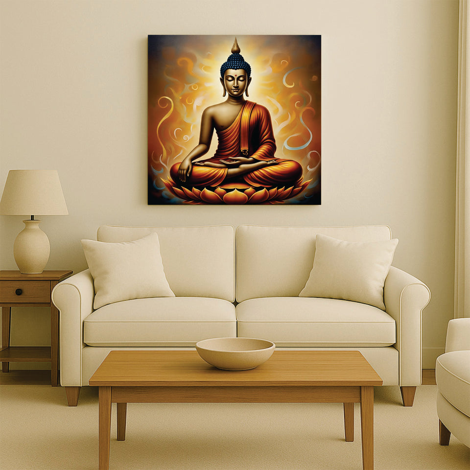 Saffron Serenity Amidst Celestial Blue Canvas Wall Art Stretched Frame Painting
