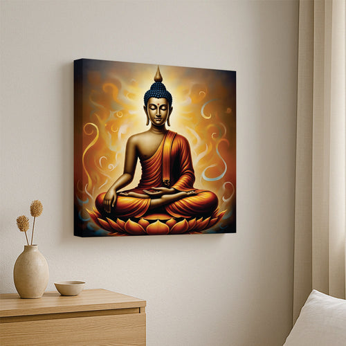 Saffron Serenity Amidst Celestial Blue Canvas Wall Art Stretched Frame Painting
