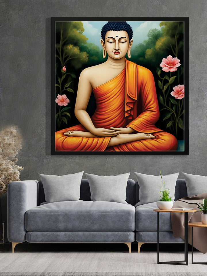 Saffron Echoes in a Sea of Quiet Canvas Wall Art Black Frame Painting
