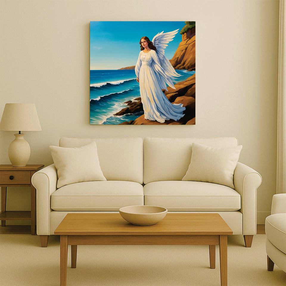 Guardian of the Waves – Angel by the Sea Canvas Wall Art Stretched Frame Painting