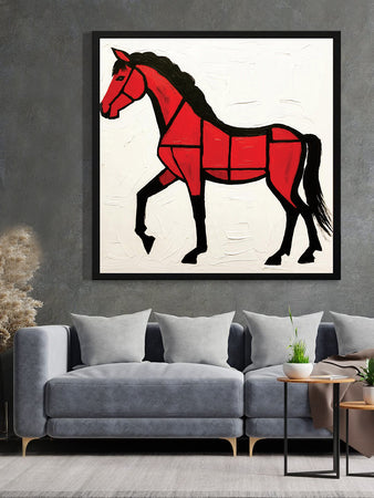 The red horse with white canvas wall art Black Frame painting