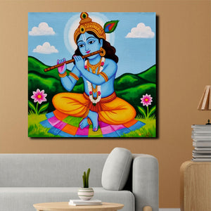 Krishna With Flute Canvas Wall Art Stretched Frame – Divine Spiritual Painting