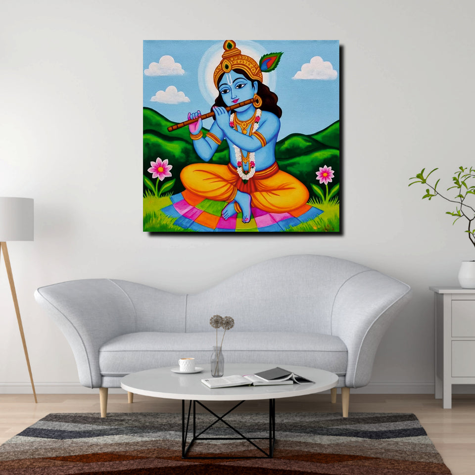 Krishna With Flute Canvas Wall Art Stretched Frame – Divine Spiritual Painting