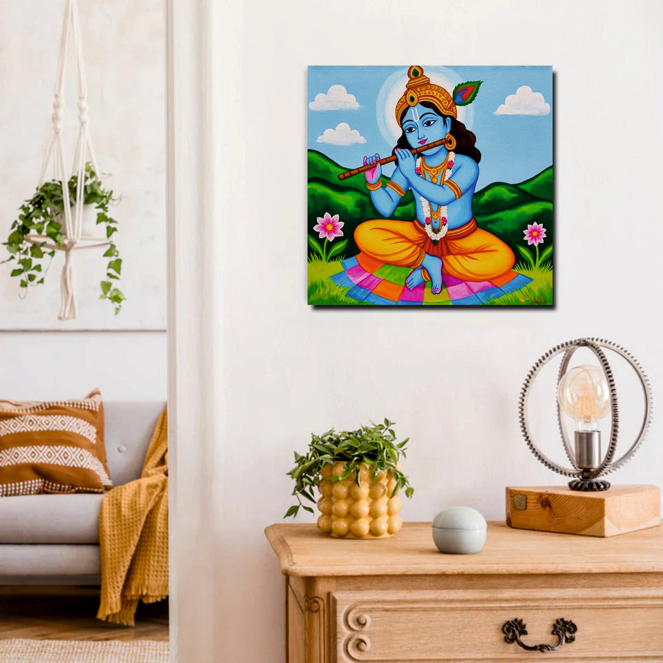 Krishna With Flute Canvas Wall Art Stretched Frame – Divine Spiritual Painting