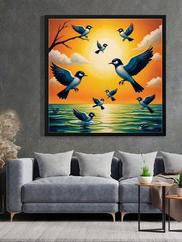 Wings of Dawn — Birds Awakening in Golden Light Canvas Wall Art Black Frame Painting