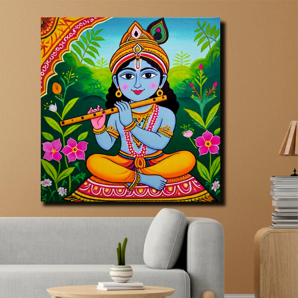 Divine Melody – Krishna’s Blissful Flute Wall Art Cnavas Wall Art Stretched Frame Painting