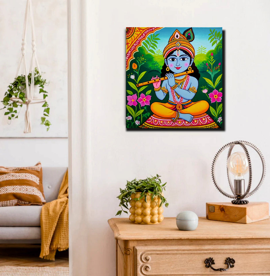 Divine Melody – Krishna’s Blissful Flute Wall Art Cnavas Wall Art Stretched Frame Painting