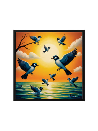 Wings of Dawn — Birds Awakening in Golden Light Canvas Wall Art Black Frame Painting