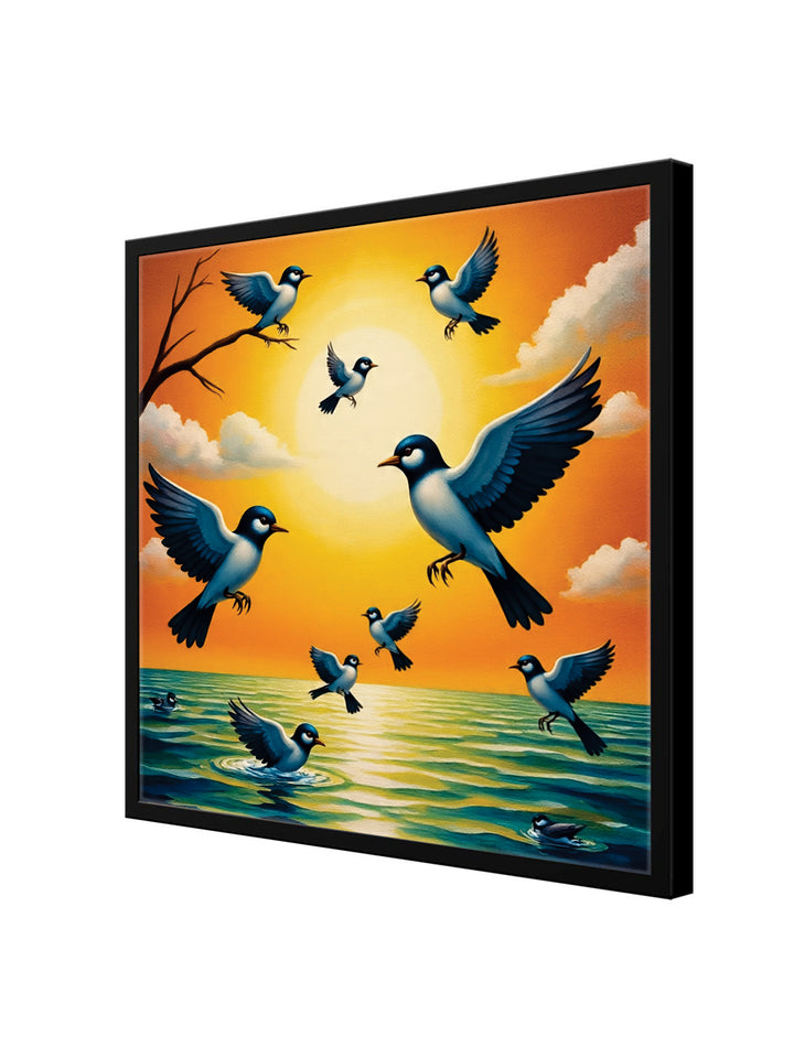 Wings of Dawn — Birds Awakening in Golden Light Canvas Wall Art Black Frame Painting